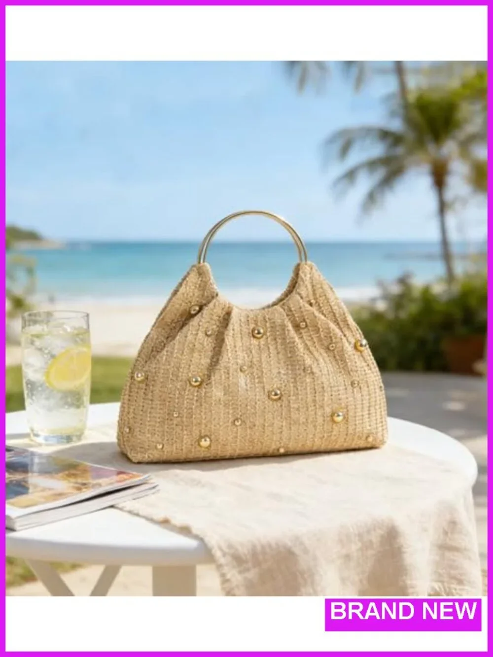 Boho Raffia Straw Beach Bag with Ring Handle Handwoven